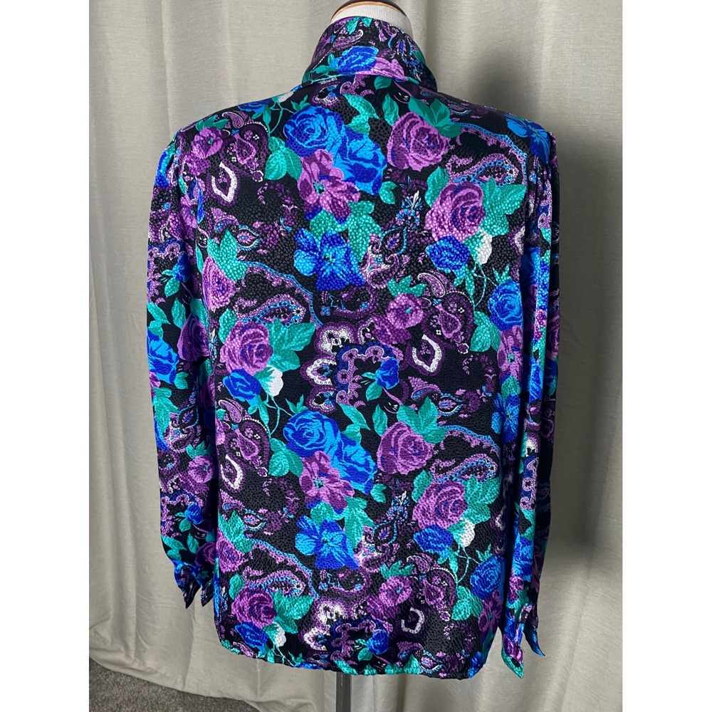 Vintage Gianna Floral Paisley Tie Neck Blouse Purple Blue 70s 80s Retro Shirt